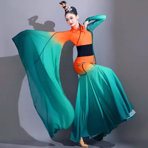 Chinese folk Classical dance costumes Waterfall sleeves hanfu fairy dress for women girls Female flowing Chinese style Han Tang Qu Yuan Tachibana dance dresses wide sleeve suit
